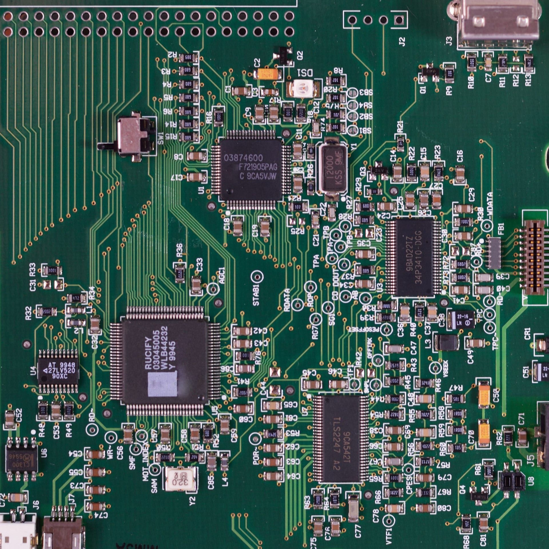 Macro detail of a populated printed circuit board