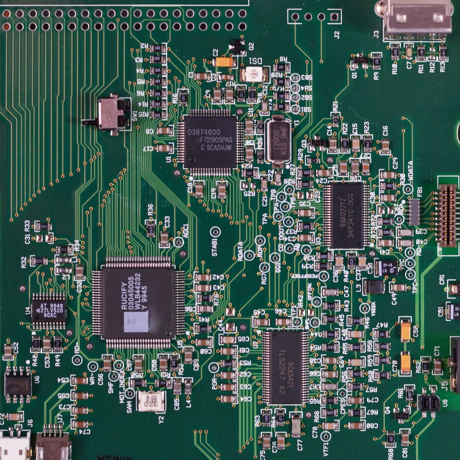 Macro detail of a populated printed circuit board